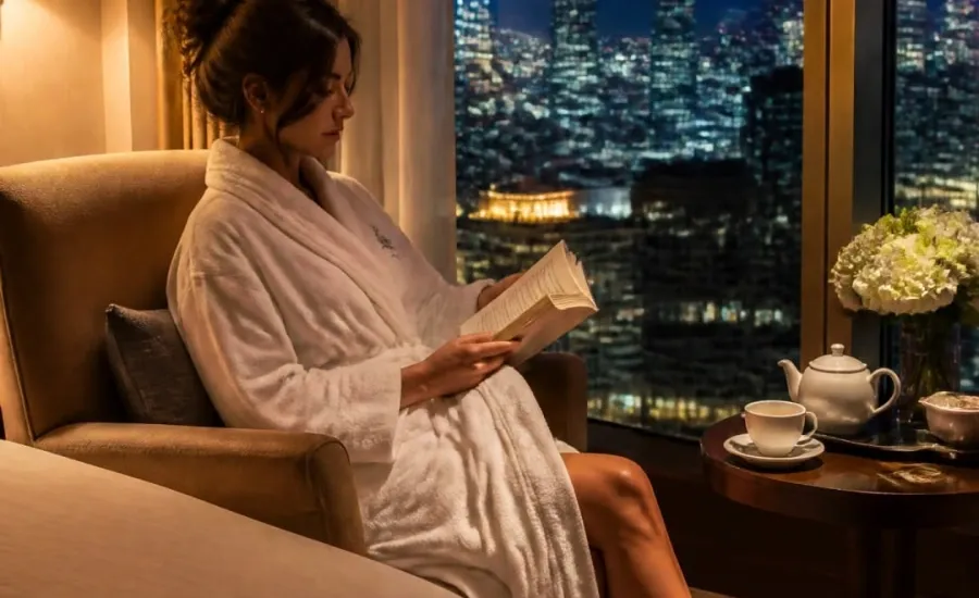 woman reading book in hotel room with skyline view
