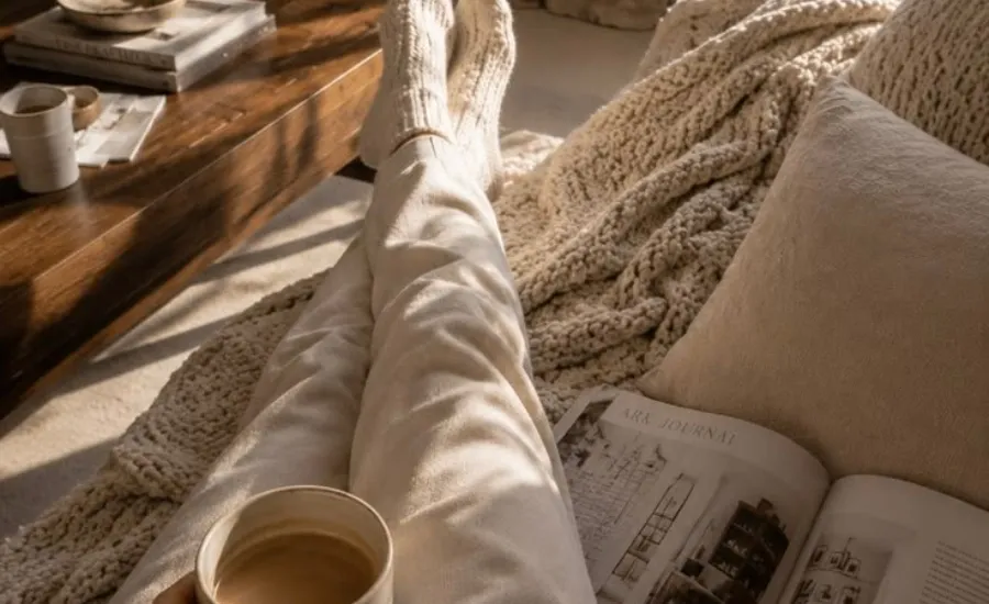 woman lying in couch with a cup of coffee and a book